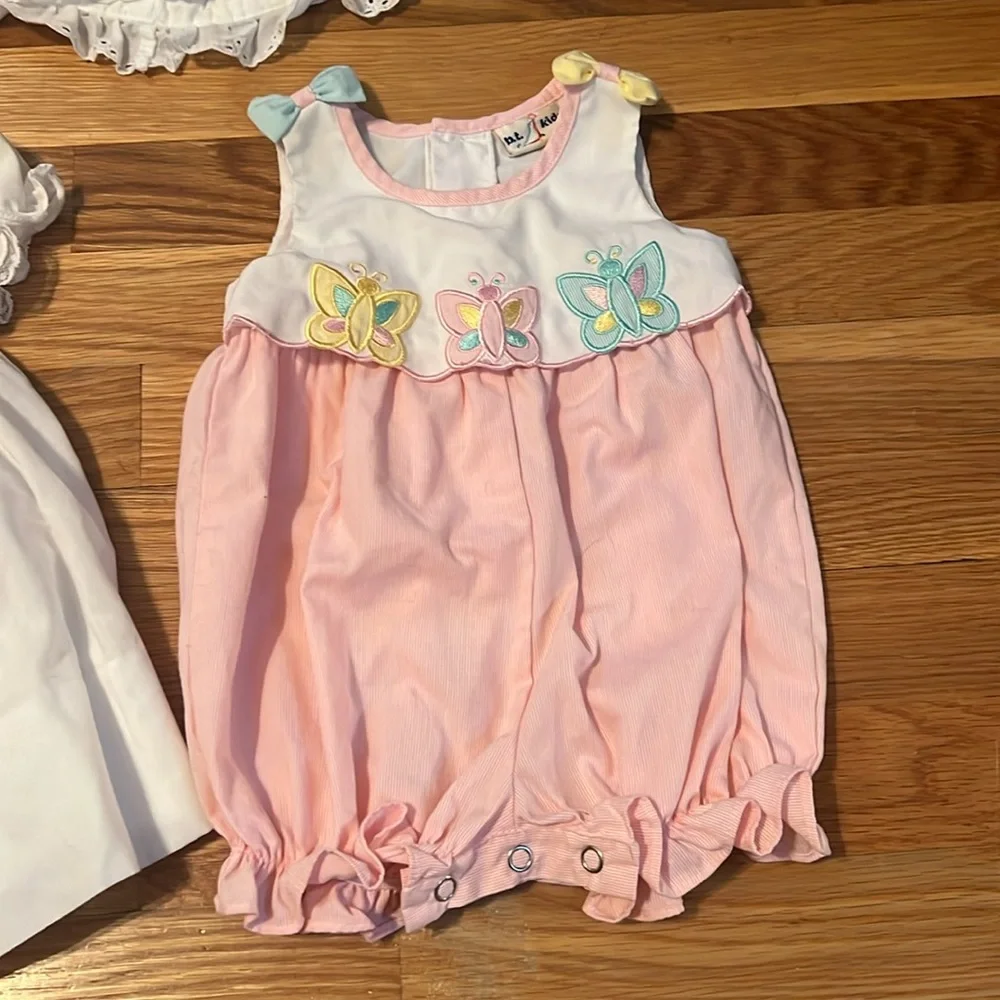 Baby Sarah Louise smocked White‎ Dress (6months), Pink butterfly Romper, and hat